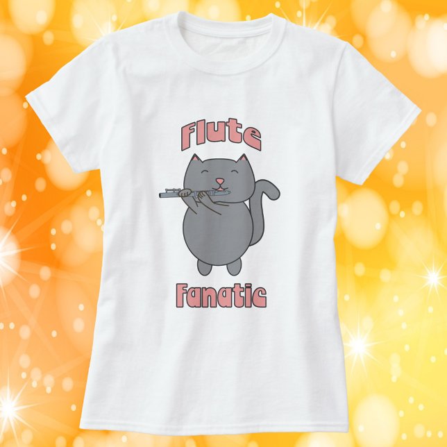 Flöjt Fantastisk Grå Katt Rosa T Shirt (A tshirt with a gray cat playing the flute and the words "Flute Fanatic" in pink.)