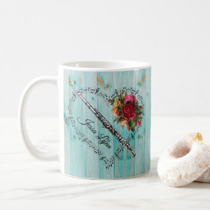 Flöjt Musik Not Hjärta Blå Trä Blommor Kaffemugg