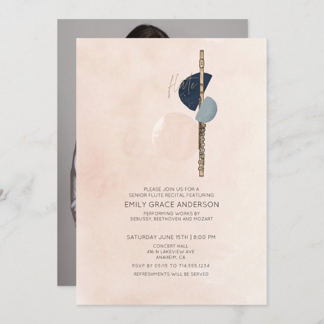 Flöjt Recital Abstrakt Rosafärgad & Blå Foto Inbjudningar (Fram/baksida)