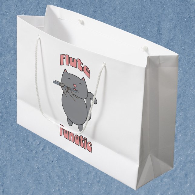Flöjtfanatiker Rosa Grå Katt (A gift bag with a gray cat playing the flute and the text flute fanatic.)