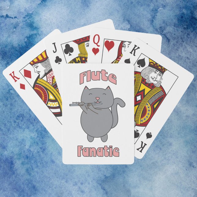 Flöjtfanatiker Rosa Grå Katt Casinokort (A deck of playing cards that has a gray cat playing the flute with the words flute fanatic.)