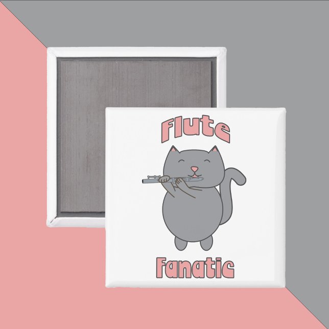 Flöjtfanatiker Rosa Grå Katt Magnet (A magnet with a gray flute playing cat that says flute fanatic)
