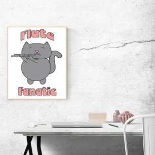 Flöjtfanatiker Rosa Grå Katt Rolig Poster