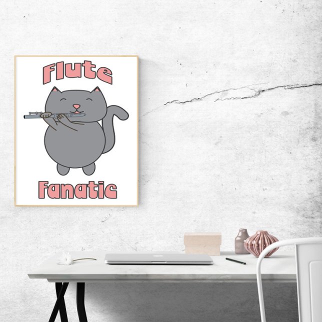 Flöjtfanatiker Rosa Grå Katt Rolig Poster (A poster featuring a gray cat playing the flute and the words Flute Fanatic in pink)