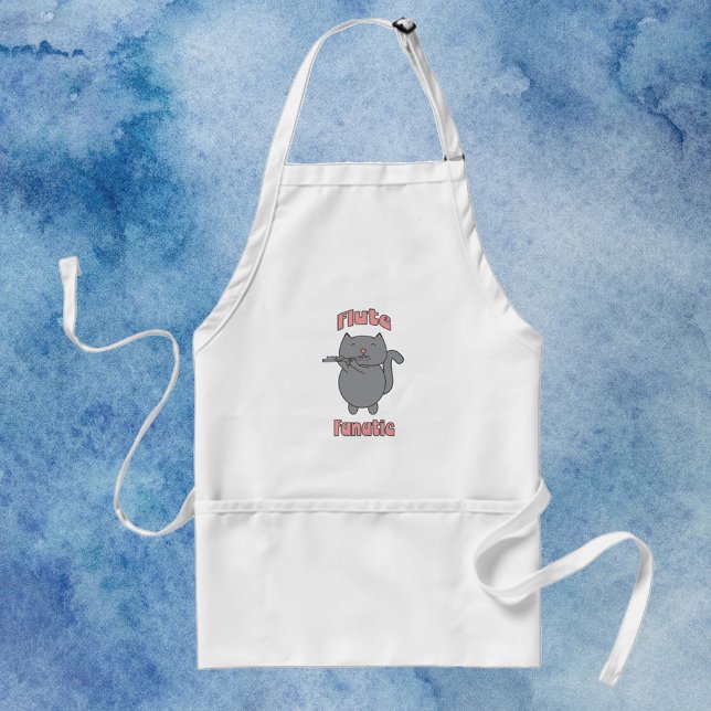 Flöjtgalen Flöjtist Grå Katt Förkläde (An apron with a flute playing gray cat and the words flute fanatic in pink.)