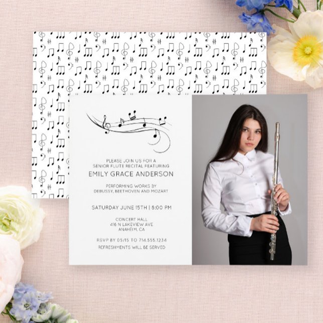 Flöjtrecital Noter Svart & Vitt Foto Inbjudningar (Easily personalize this recital invite with your photo and details.)