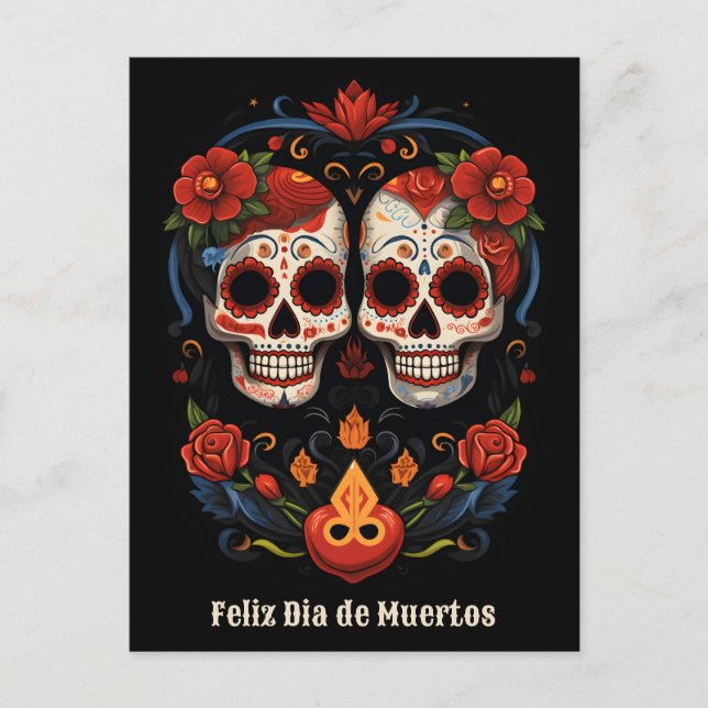 🌹 Flor y Calavera: heder åt Dia de Muertos 🌹 Vykort (Framsida)