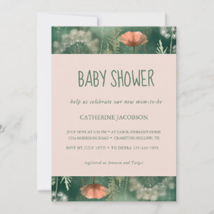 Flora Green & Coral Baby Shower Inbjudan