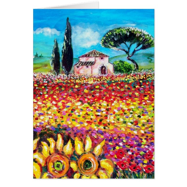 FLORA I TUSCANY/ Fält ,Poppies och solblommor Hälsningskort (Framsidan)