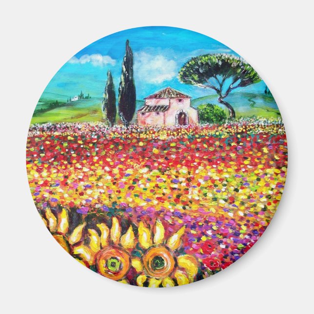 FLORA I TUSCANY/ Fält ,Poppies och solblommor Magnet (Framsidan)