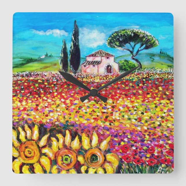 FLORA I TUSKANIEN/ Fält, Poppies och Sunblommor Fyrkantig Klocka (Framsida)