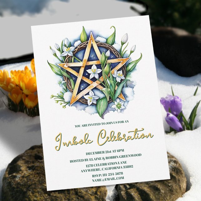 Flora Pentacle Snö & Flowers Wiccan Imbolc Party Inbjudningar (Flora Pentacle Snow & Flowers Wiccan Imbolc Party Invitation)