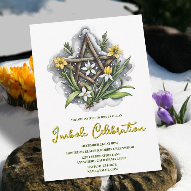 Flora Pentacle Snö & Gula blommor Imbolc Party Inbjudningar (Flora Pentacle Snow & Yellow Flowers Imbolc Party Invitation)