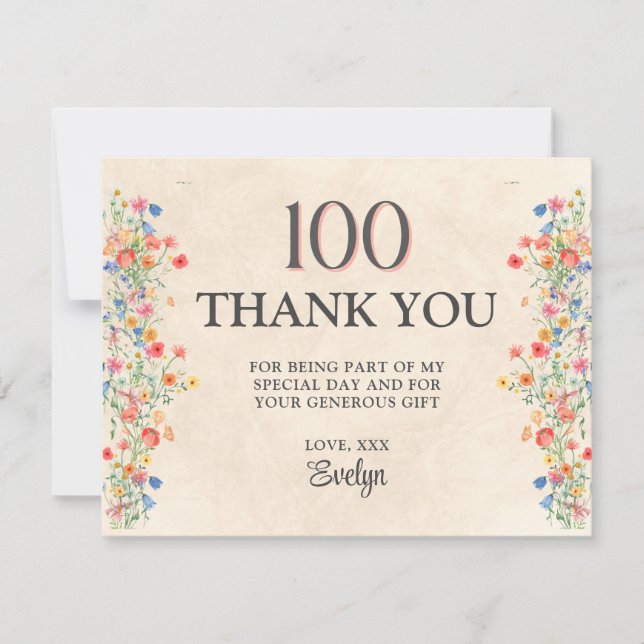 Floral 100th Birthday – Elegant Wildflower Tack Kort (Framsida)