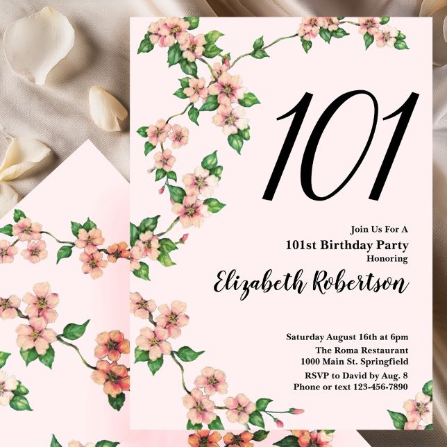 Floral 101st Birthday Invitation in Blush Pink Inbjudningar (Skapare uppladdad)