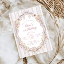 Floral 1st Birthday Bow Photo Invitation Inbjudningar