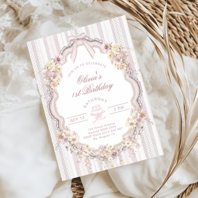 Floral 1st Birthday Bow Photo Invitation Inbjudningar (Skapare uppladdad)