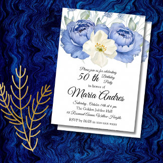 Floral 50th Birthday Elegant Watercolor white blue Inbjudningar