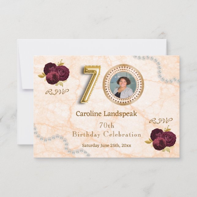 Floral 70th Birthday & Gold Foil Balloon RSVP OSA Kort (Framsida)