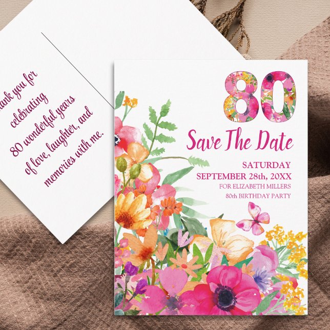 Floral 80th Birthday Save The Date - Chic 80 Years Meddelande Vykort (Skapare uppladdad)