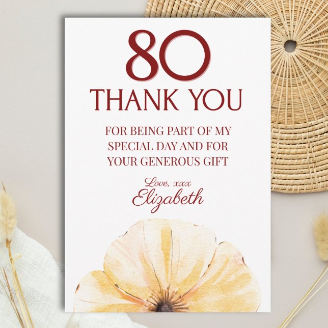 Floral 80th Birthday Thanks - Elegant Yellow Bloom Tack Kort (Skapare uppladdad)