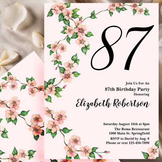 Floral 87th Birthday Invitation in Blush Pink Inbjudningar (Skapare uppladdad)