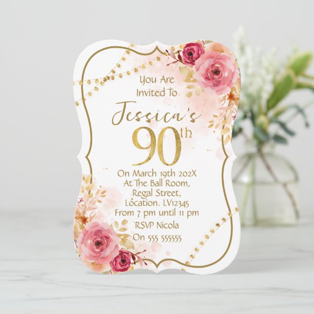 Floral 90th Birthday Invitation Inbjudningar (Stående Fram)