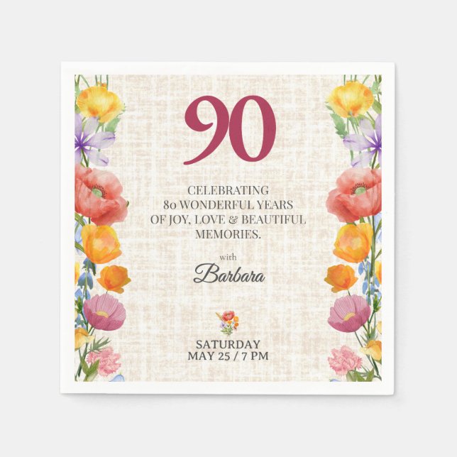 Floral 90th Birthday Party - Chic Linen Garden Pappersservett (Framsidan)