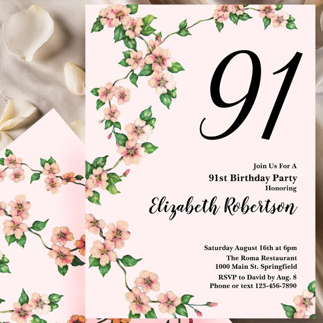 Floral 91st Birthday Invitation in Blush Pink Inbjudningar (Skapare uppladdad)