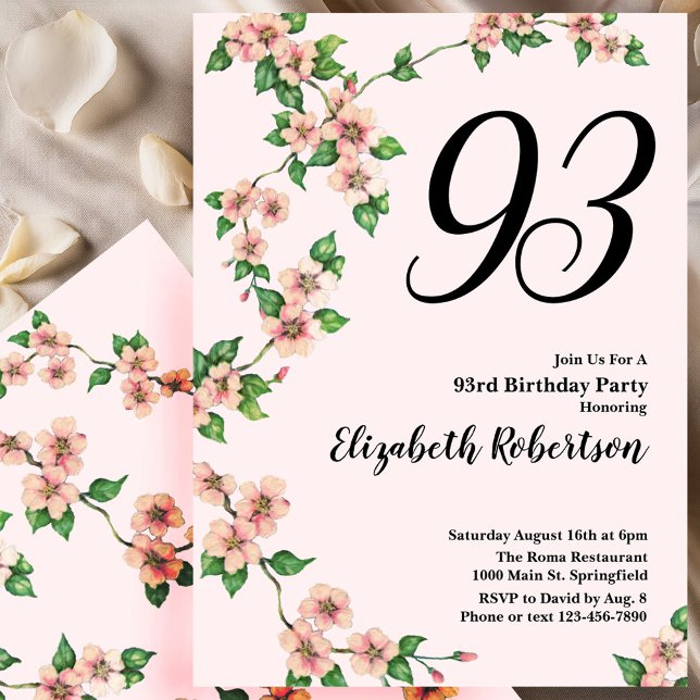 Floral 93rd Birthday Invitation in Blush Pink Inbjudningar (Skapare uppladdad)