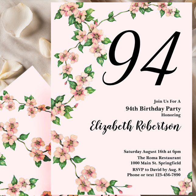 Floral 94th Birthday Invitation in Blush Pink Inbjudningar (Skapare uppladdad)