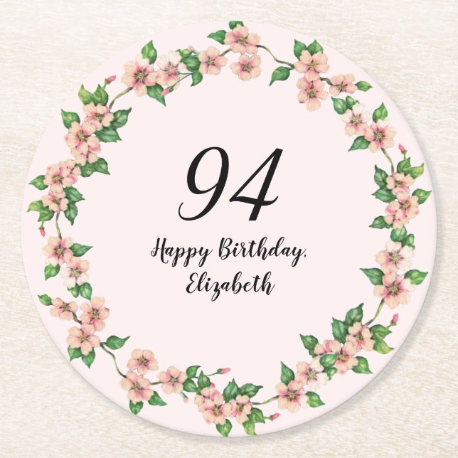 Floral 94th Birthday Pretty Blush Pink Underlägg Papper Rund (Framsidan)