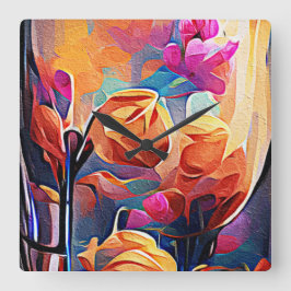 Floral Abstract Art Orange Red Blue Flowers Fyrkantig Klocka