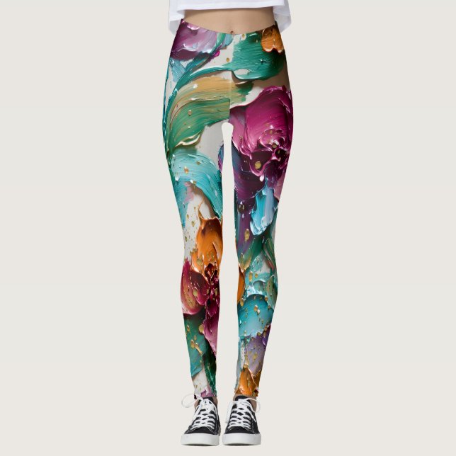 Floral Abstract Paint Pattern – Artistic Modern  Leggings (Framsida)