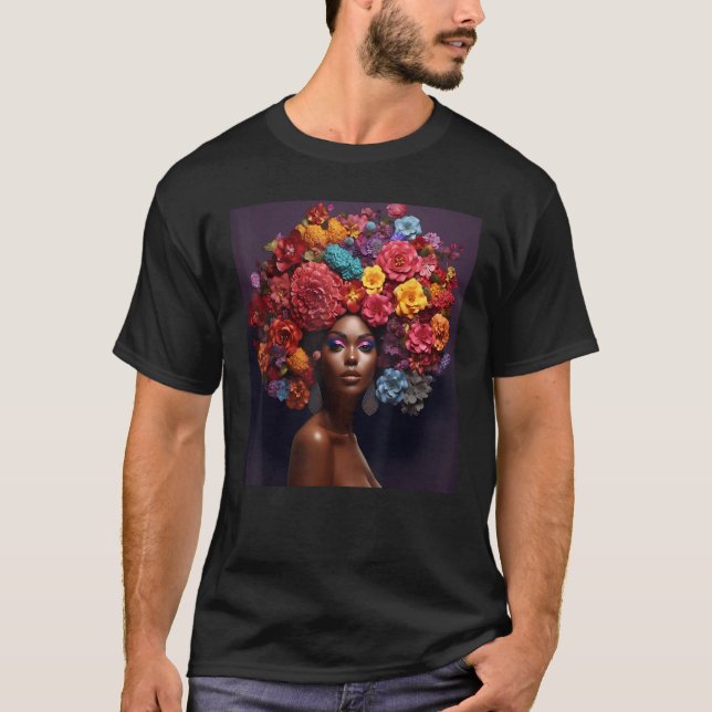 Floral Afro Woman Black Queen Puff Melanin Rainbow T Shirt (Framsida)