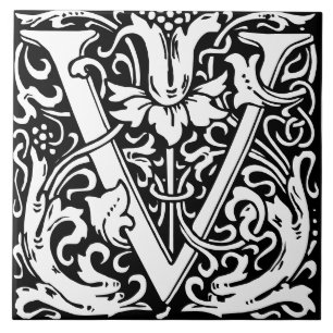 Floral Alfabet Monogram Bokstav V Plattor Kakelplatta