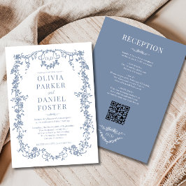 Floral All in One Victorian Blue Wedding Monogram Inbjudningar