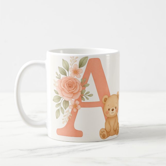 Floral Alphabet A Mug – Cute Bear Initial Mug Kaffemugg (Vänster)