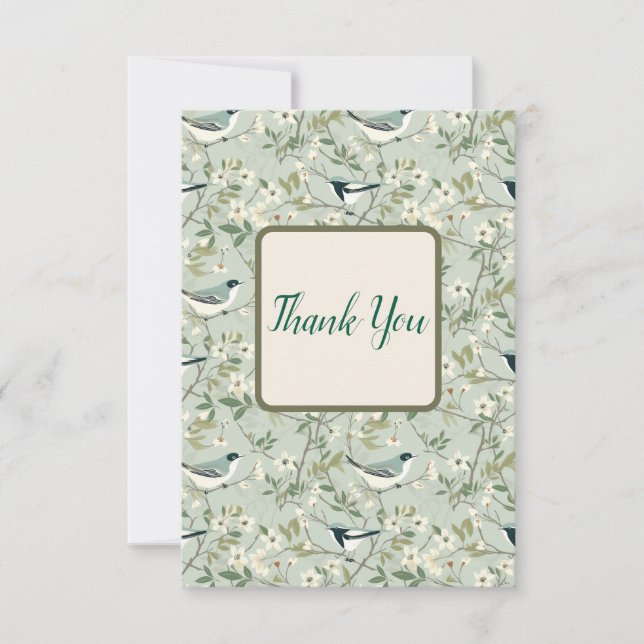 Floral and Bird Thank You Card in Sage Green  Tack Kort (Framsida)