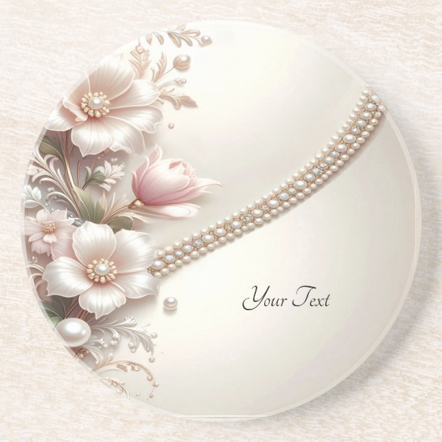 Floral and Pearl Embellishments Sandstone Coaster Underlägg (Framsidan)