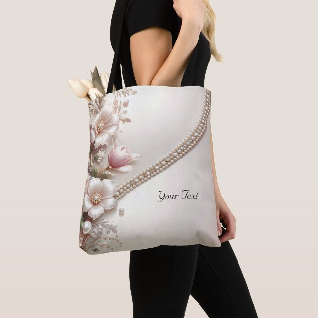 Floral and Pearl Embellishments Tote Bag Tygkasse (Närbild)