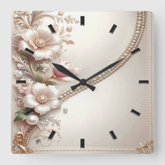Floral and Pearl Embellishments Wall Clock Fyrkantig Klocka