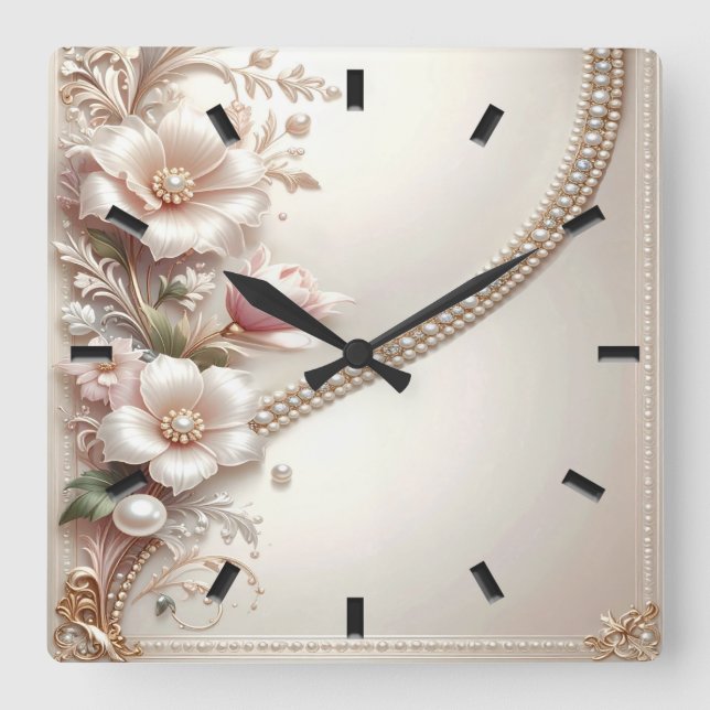 Floral and Pearl Embellishments Wall Clock Fyrkantig Klocka (Framsida)