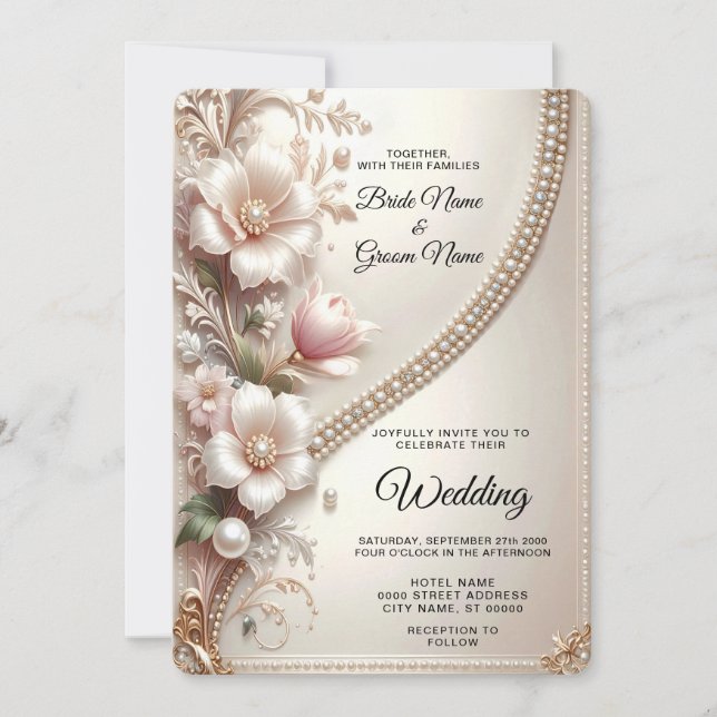 Floral and Pearl Embellishments Wedding Invitation Inbjudningar (Framsida)