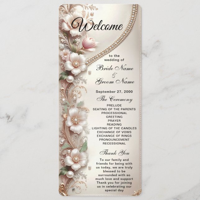 Floral and Pearl Embellishments Wedding Program (Framsida)