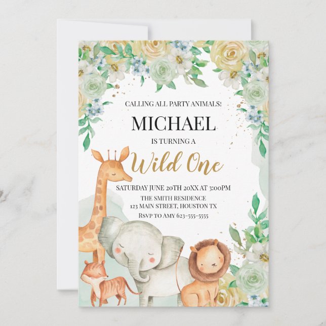 Floral animals birthday invitation custom  inbjudningar (Framsida)