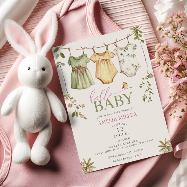 Floral Baby Clothesline Hello Baby Baby Shower Inbjudningar (Floral Baby Clothesline Hello Baby Baby Shower Invitation)