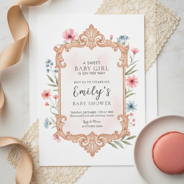 Floral Baby Girl Shower Invitation Frame Inbjudningar (Skapare uppladdad)