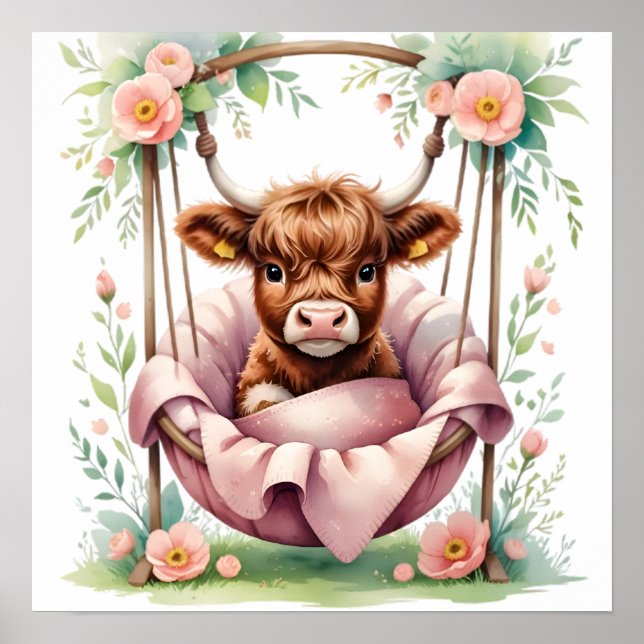 Floral Baby Highland Cow Nursery Print Poster (Framsidan)