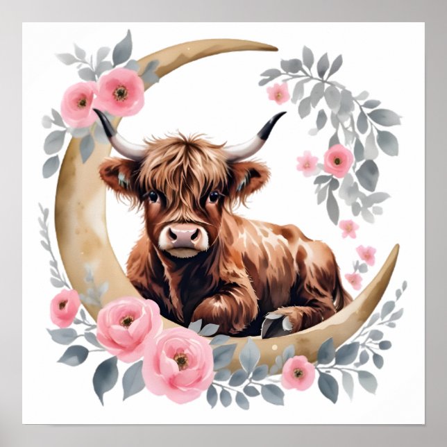 Floral Baby Highland Cow Nursery Print Poster (Framsidan)